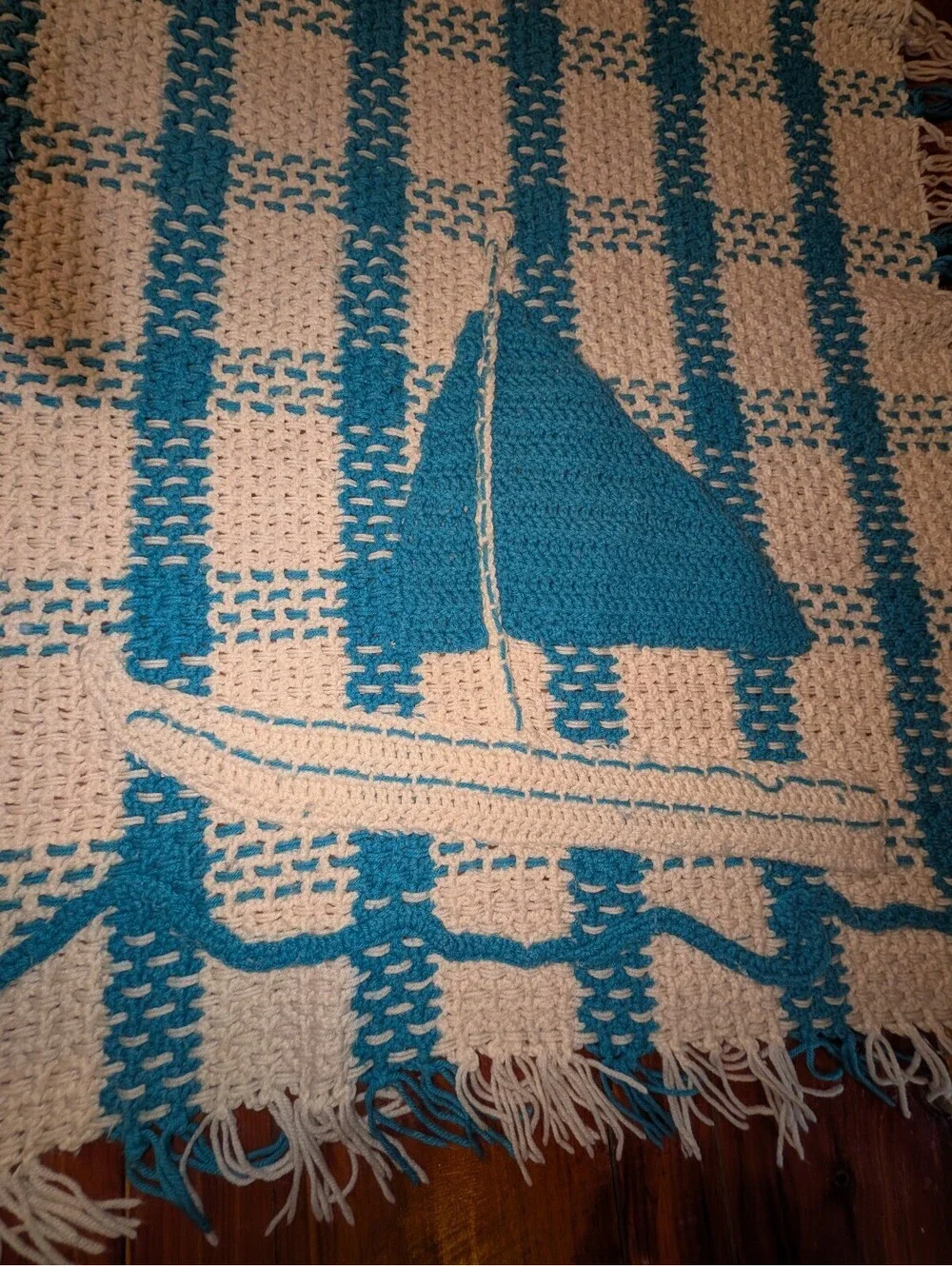 Handmade Crocheted Blue and White Sailboat Blanket Throw